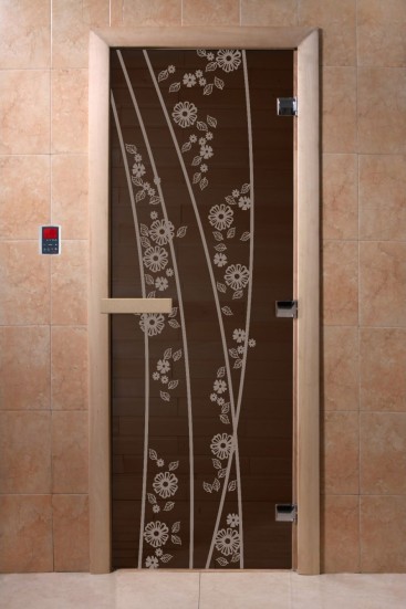 Стеклянная дверь DoorWood Весна цветы черный жемчуг, коробка ольха