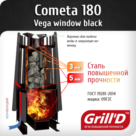 Печь Grill’D Cometa Vega 180 Window (котловая сталь)
